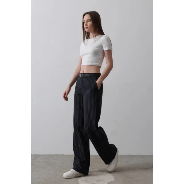 Kemerli Palazzo Pantolon - Lacivert-Beyaz