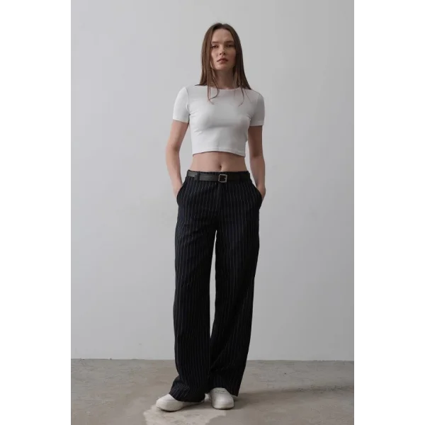 Kemerli Palazzo Pantolon - Lacivert-Beyaz