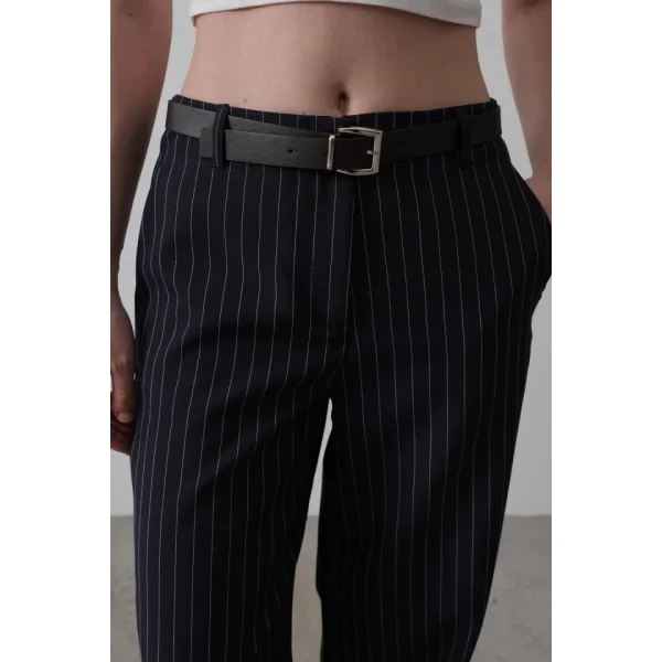 Kemerli Palazzo Pantolon - Lacivert-Beyaz