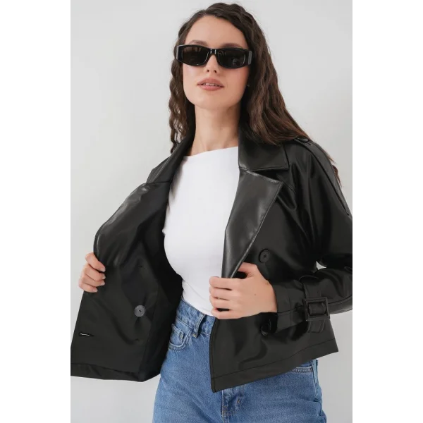 Kemerli Siyah Suni Deri Ceket 0698