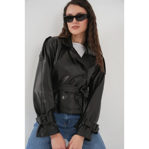 Kemerli Siyah Suni Deri Ceket 0698