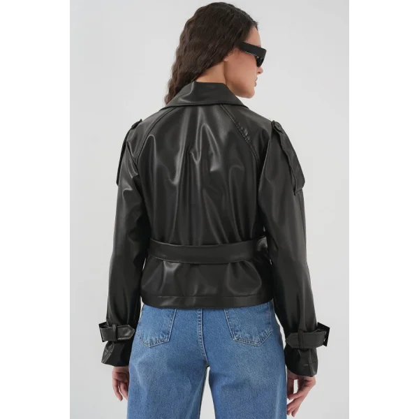 Kemerli Siyah Suni Deri Ceket 0698