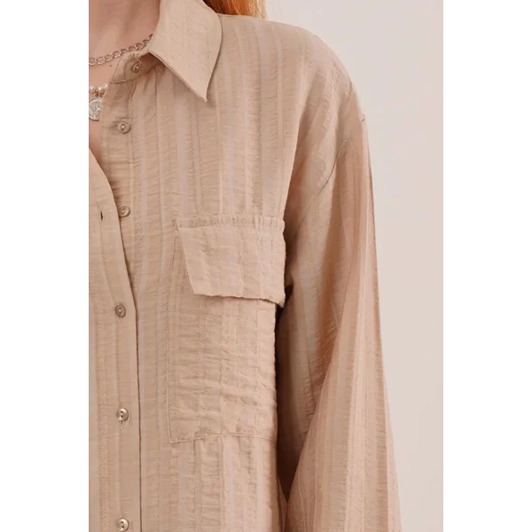 Kendinden Çizgili Cepli Ve Düğmeli Bej Gömlek