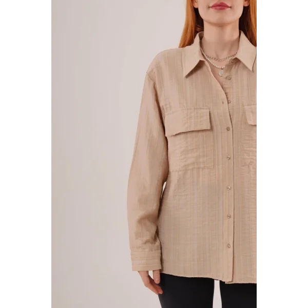 Kendinden Çizgili Cepli Ve Düğmeli Bej Gömlek