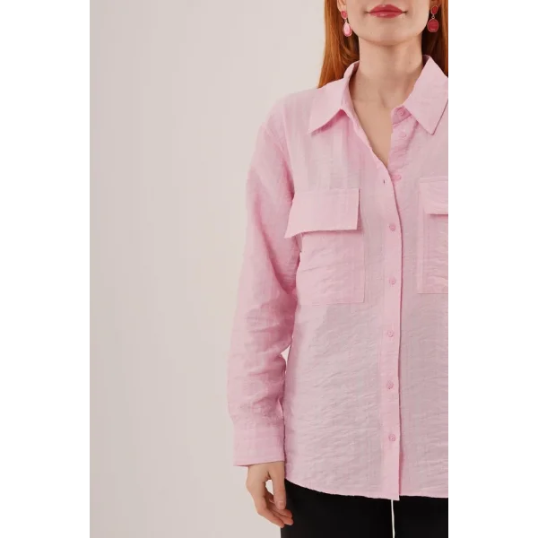 Kendinden Çizgili Cepli Ve Düğmeli Pembe  Gömlek