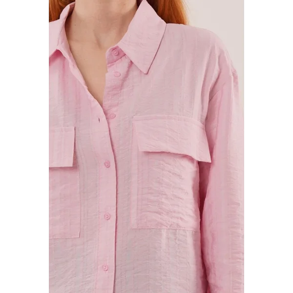 Kendinden Çizgili Cepli Ve Düğmeli Pembe  Gömlek