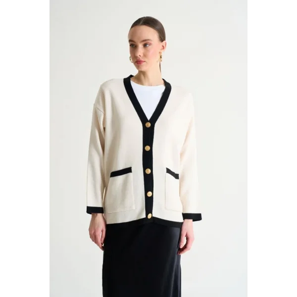 Kendinden Yakalı Cepli Hırka  KremSiyah