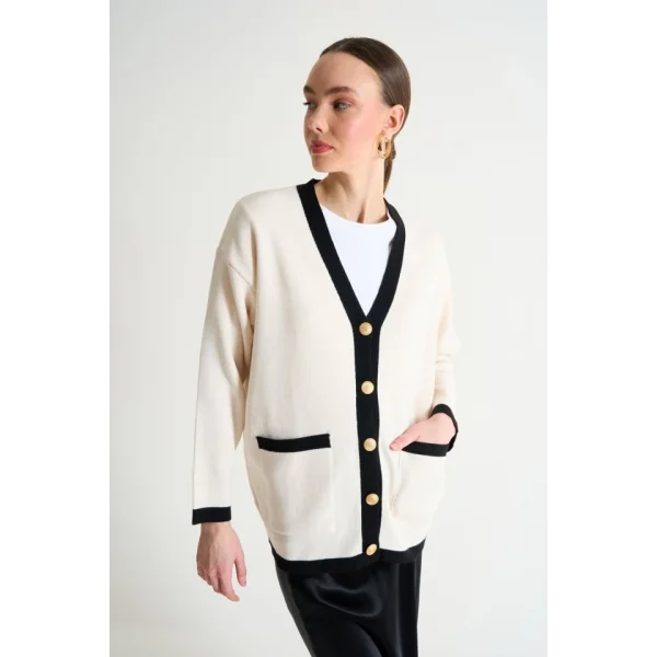 Kendinden Yakalı Cepli Hırka  KremSiyah