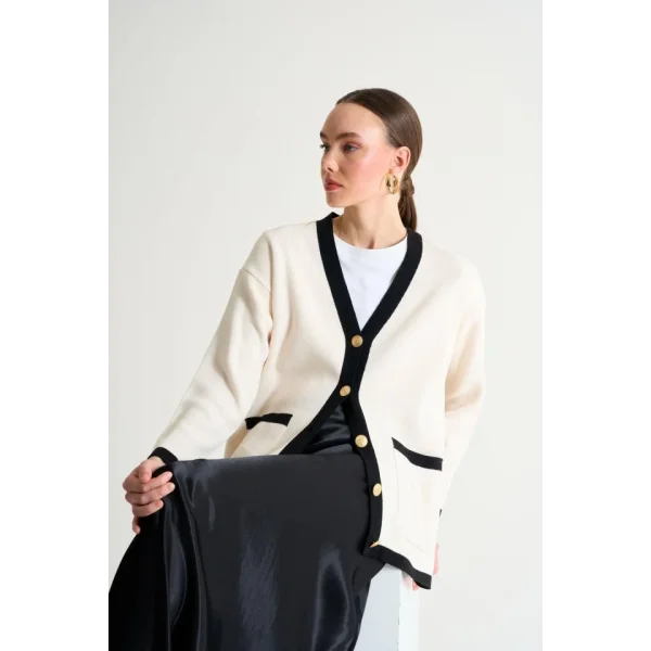 Kendinden Yakalı Cepli Hırka  KremSiyah