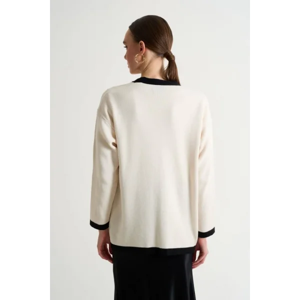 Kendinden Yakalı Cepli Hırka  KremSiyah