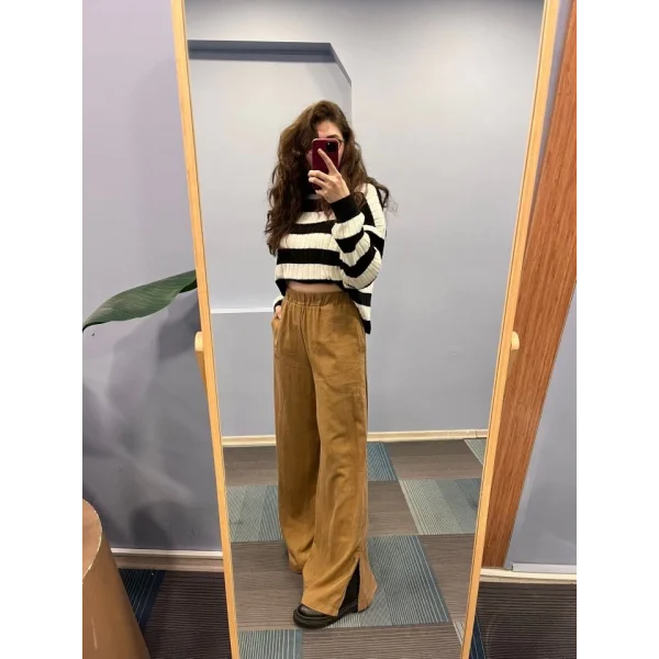 Keten Bel asti̇kli̇ Yirtmaç Detayli Pantolon