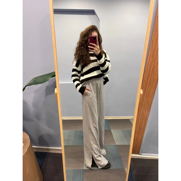 Keten Bel Lasti̇kli̇ Yirtmaç Detayli Pantolon