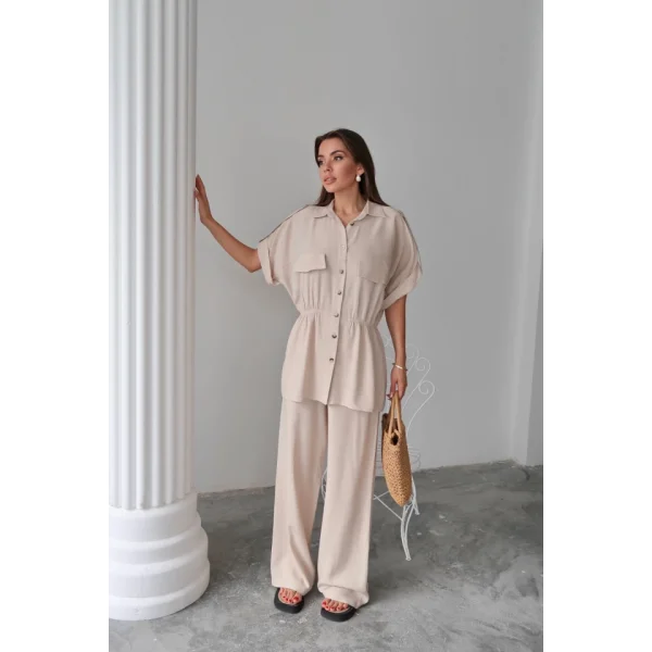 KETEN BELDEN BÜZGÜ DETAYLI GÖMLEK - PANTOLON TAKIM - Bej