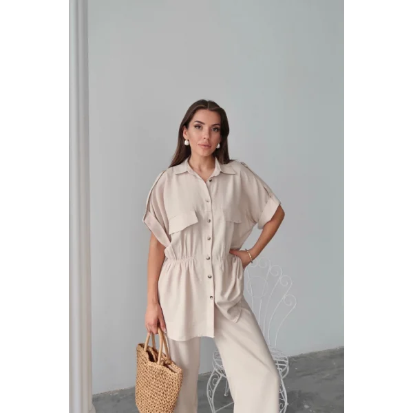 KETEN BELDEN BÜZGÜ DETAYLI GÖMLEK - PANTOLON TAKIM - Bej