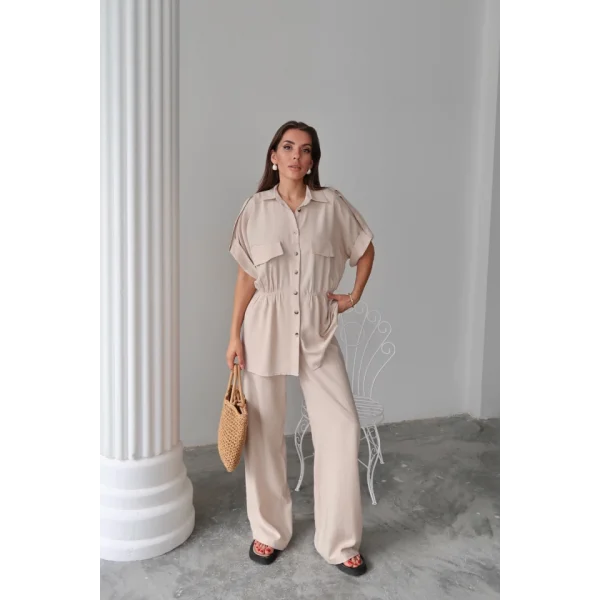 KETEN BELDEN BÜZGÜ DETAYLI GÖMLEK - PANTOLON TAKIM - Bej