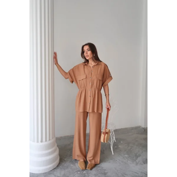 KETEN BELDEN BÜZGÜ DETAYLI GÖMLEK - PANTOLON TAKIM - Kahverengi