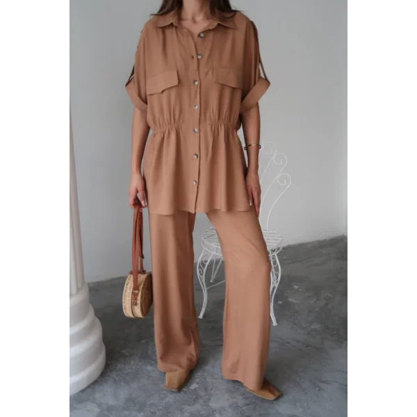 KETEN BELDEN BÜZGÜ DETAYLI GÖMLEK - PANTOLON TAKIM - Kahverengi