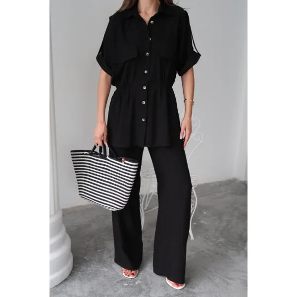 KETEN BELDEN BÜZGÜ DETAYLI GÖMLEK - PANTOLON TAKIM - Siyah