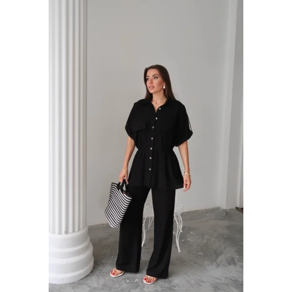 KETEN BELDEN BÜZGÜ DETAYLI GÖMLEK - PANTOLON TAKIM - Siyah