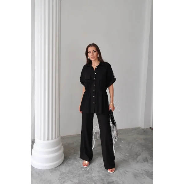 KETEN BELDEN BÜZGÜ DETAYLI GÖMLEK - PANTOLON TAKIM - Siyah