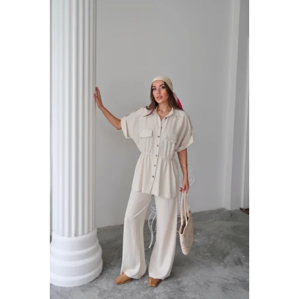 KETEN BELDEN BÜZGÜ DETAYLI GÖMLEK - PANTOLON TAKIM - Taş