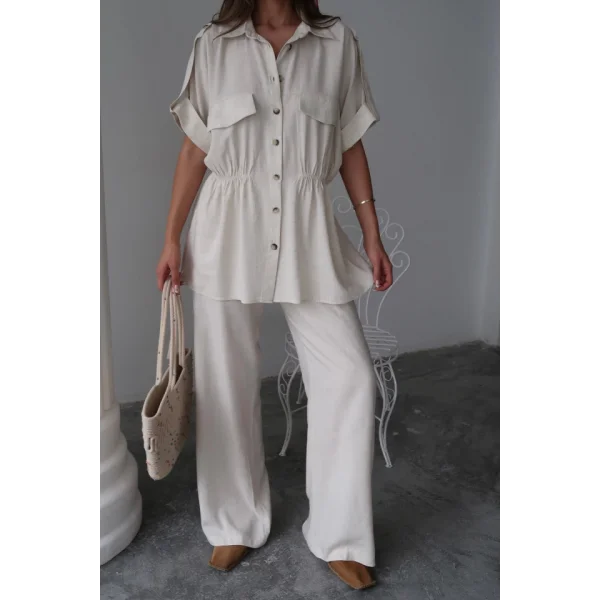 KETEN BELDEN BÜZGÜ DETAYLI GÖMLEK - PANTOLON TAKIM - Taş