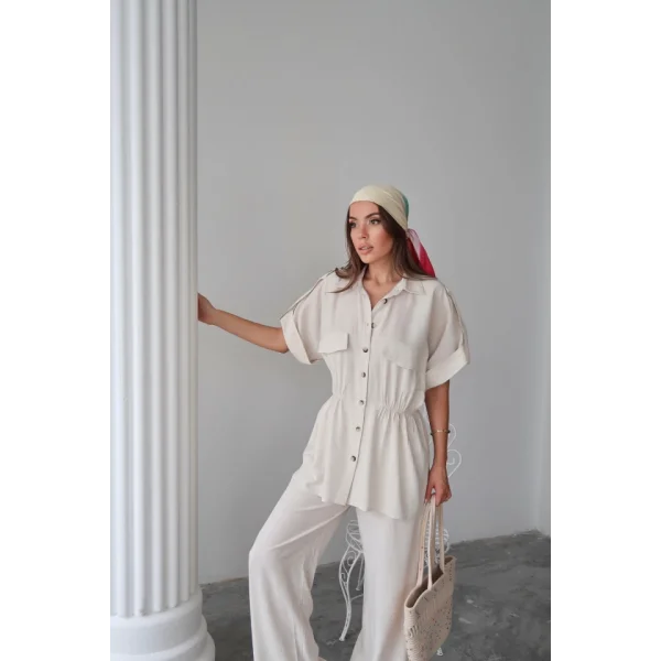 KETEN BELDEN BÜZGÜ DETAYLI GÖMLEK - PANTOLON TAKIM - Taş