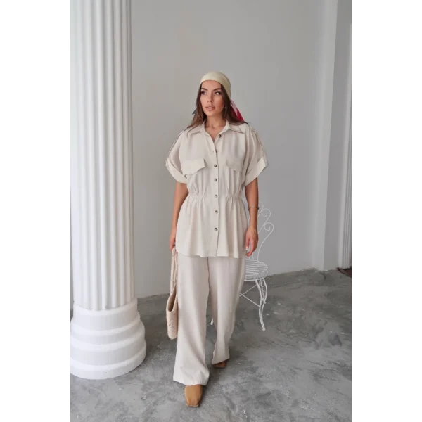 KETEN BELDEN BÜZGÜ DETAYLI GÖMLEK - PANTOLON TAKIM - Taş
