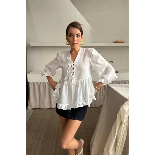 KETEN BLUZ ÖNDEN BAĞLAMALI FIRFIR DETAYLI - Beyaz