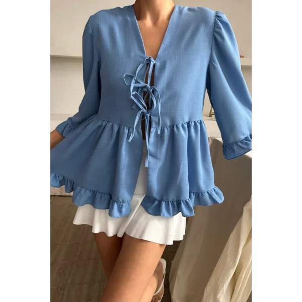 KETEN BLUZ ÖNDEN BAĞLAMALI FIRFIR DETAYLI - Mavi