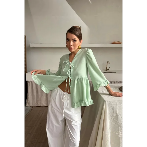 KETEN BLUZ ÖNDEN BAĞLAMALI FIRFIR DETAYLI - Yeşil