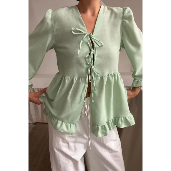 KETEN BLUZ ÖNDEN BAĞLAMALI FIRFIR DETAYLI - Yeşil