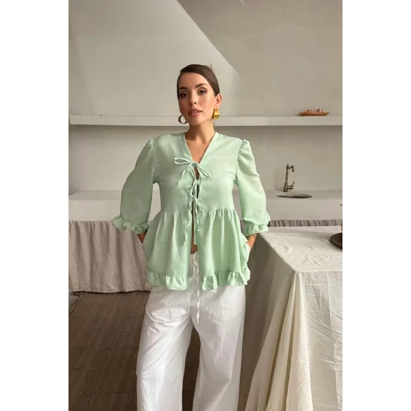 KETEN BLUZ ÖNDEN BAĞLAMALI FIRFIR DETAYLI - Yeşil