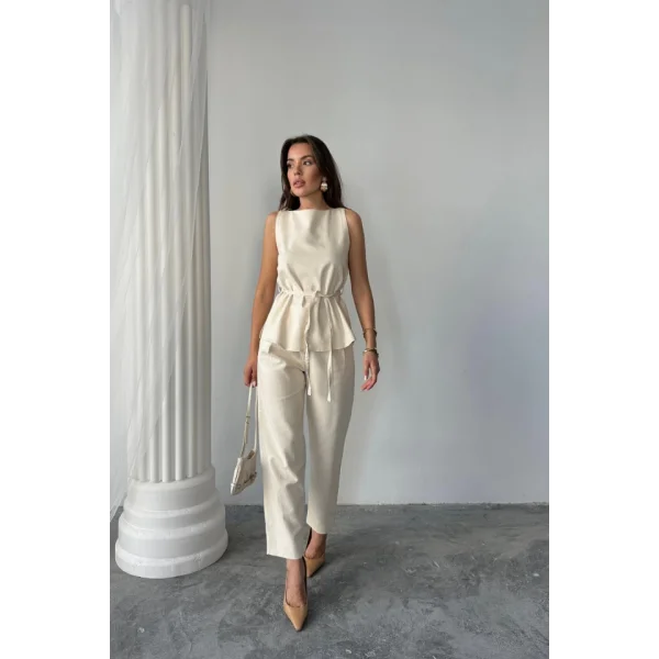 KETEN BLUZ - PANTOLON TAKIM MASSİMO MODEL SCREAT KUMAŞ - Bej