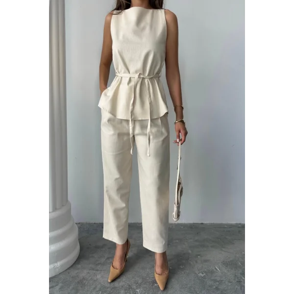 KETEN BLUZ - PANTOLON TAKIM MASSİMO MODEL SCREAT KUMAŞ - Bej