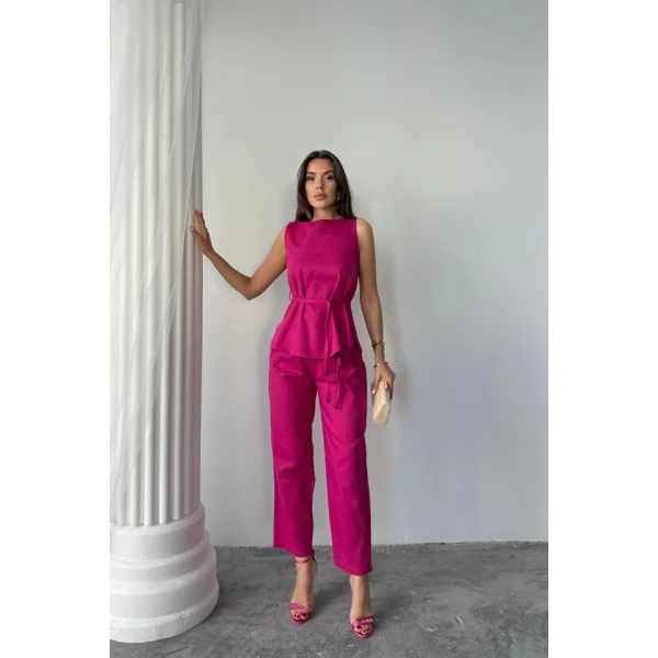 KETEN BLUZ - PANTOLON TAKIM MASSİMO MODEL  SCREAT KUMAŞ - Fuşya