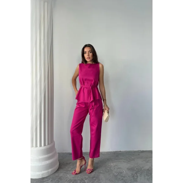 KETEN BLUZ - PANTOLON TAKIM MASSİMO MODEL  SCREAT KUMAŞ - Fuşya