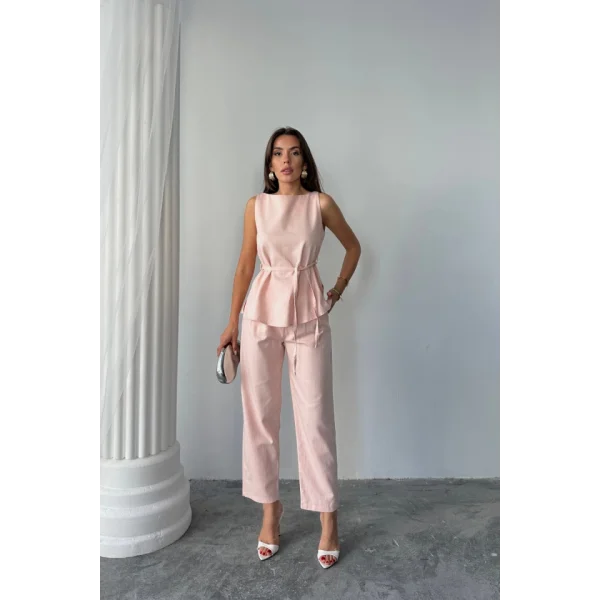 KETEN BLUZ - PANTOLON TAKIM MASSİMO MODEL  SCREAT KUMAŞ - Pudra