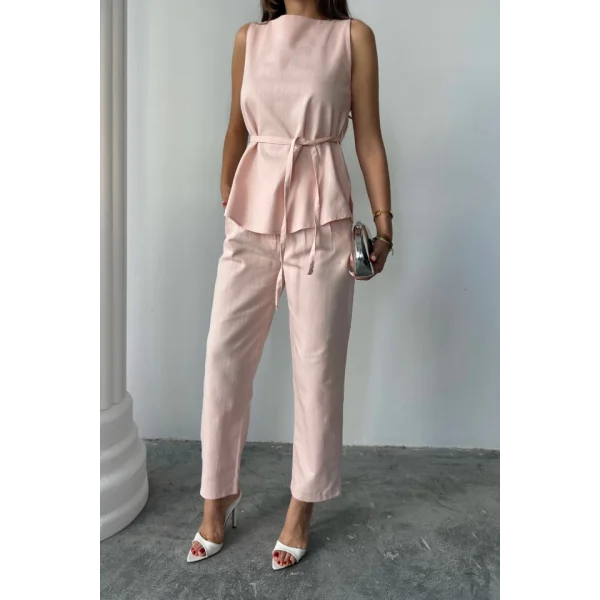 KETEN BLUZ - PANTOLON TAKIM MASSİMO MODEL  SCREAT KUMAŞ - Pudra