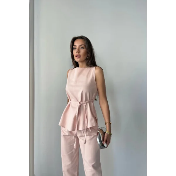 KETEN BLUZ - PANTOLON TAKIM MASSİMO MODEL  SCREAT KUMAŞ - Pudra