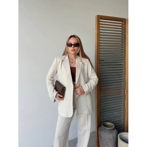 Keten Ceket Pantolon Ikili Takım - Beyaz