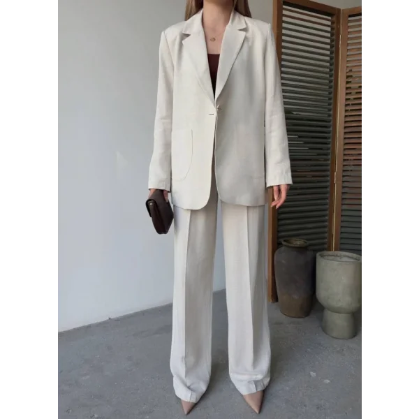 Keten Ceket Pantolon Ikili Takım - Beyaz