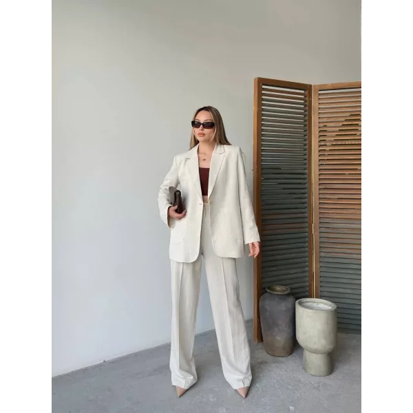 Keten Ceket Pantolon İlik Düğmeli Uzun Kollu Yırtmaçlı ikili Takım - Beyaz