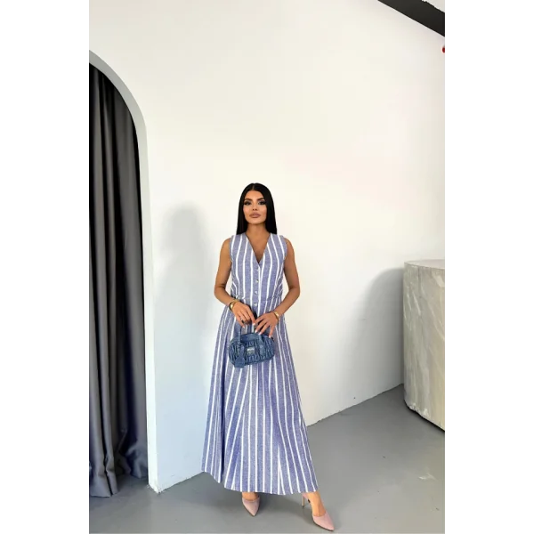 KETEN ÇİZGİLİ YELEK - UZUN ETEK TAKIM - Mavi