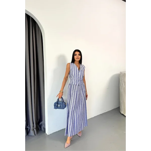 KETEN ÇİZGİLİ YELEK - UZUN ETEK TAKIM - Mavi