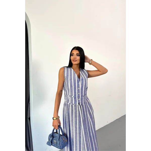 KETEN ÇİZGİLİ YELEK - UZUN ETEK TAKIM - Mavi