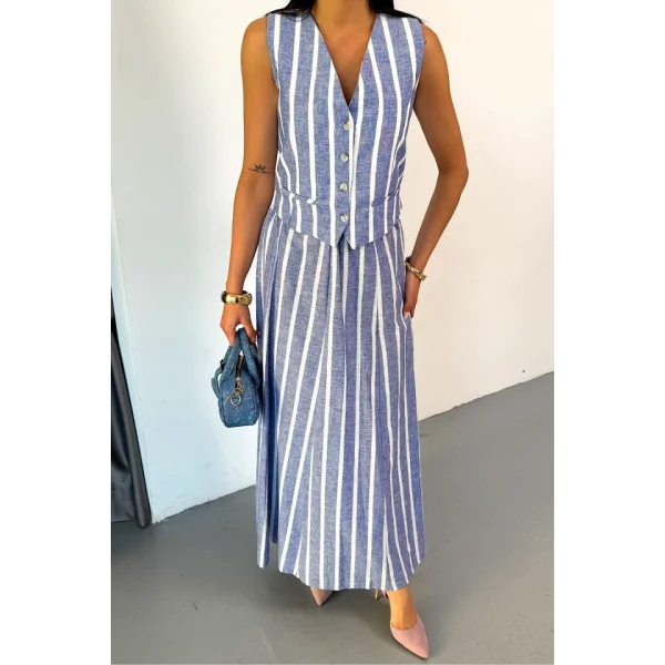 KETEN ÇİZGİLİ YELEK - UZUN ETEK TAKIM - Mavi