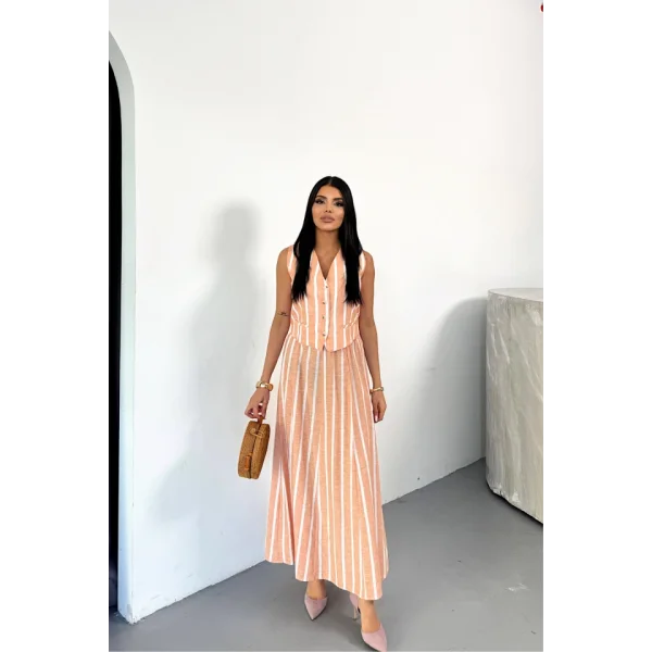 KETEN ÇİZGİLİ YELEK - UZUN ETEK TAKIM - Orange