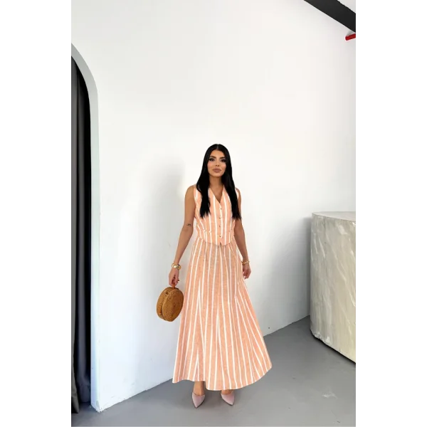 KETEN ÇİZGİLİ YELEK - UZUN ETEK TAKIM - Orange