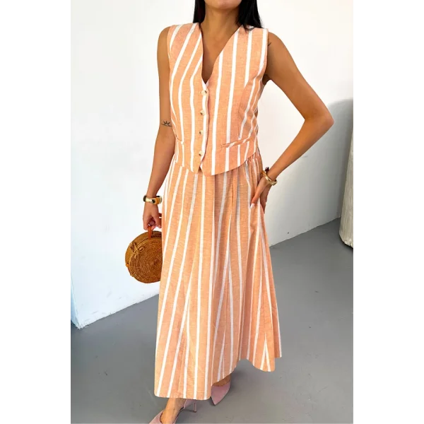 KETEN ÇİZGİLİ YELEK - UZUN ETEK TAKIM - Orange